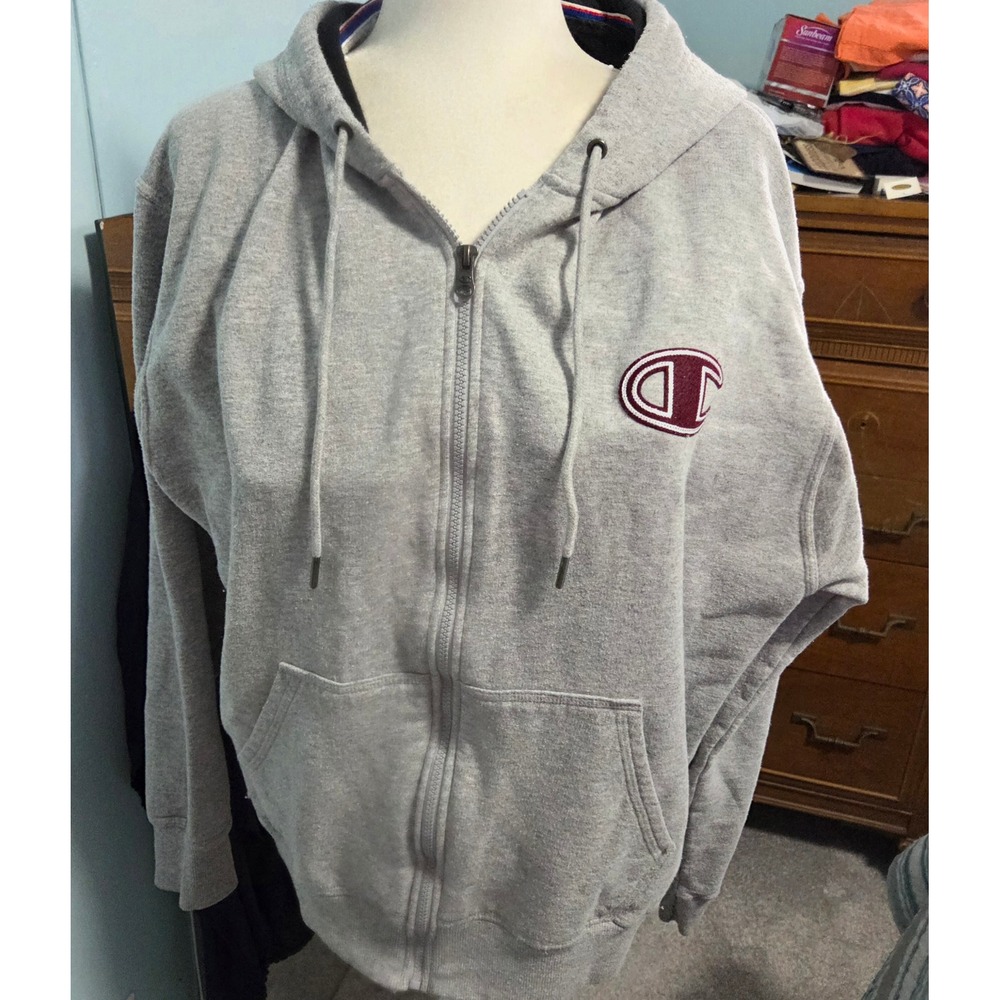 Champion Gray Full Zip Hoodie Sweatshirt Large Chenille‎ Logo Patch Mens L